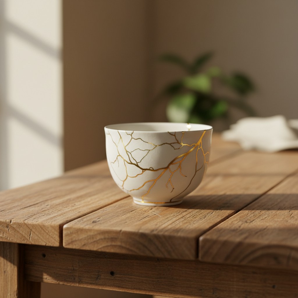 Altın kintsugi ile onarılmış çini tabak