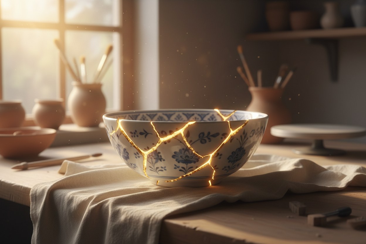 Aynı vazonun kintsugi ile onarılmış, altın izli sonrası hali
